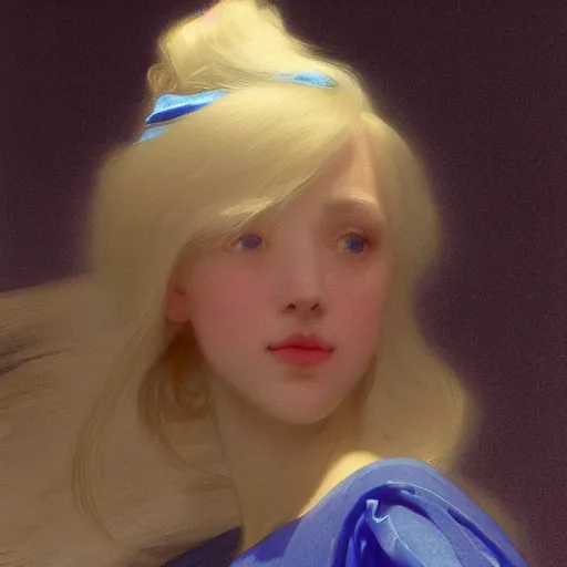 Prompt: a young woman's face, her hair is white and she wears a cobalt blue satin cloak, by ivan aivazovsky and syd mead and moebius and gaston bussiere and roger dean and pieter claesz and paul delaroche and alma tadema and aelbert cuyp and willem claesz, hyperrealistic, volumetric light, octane render