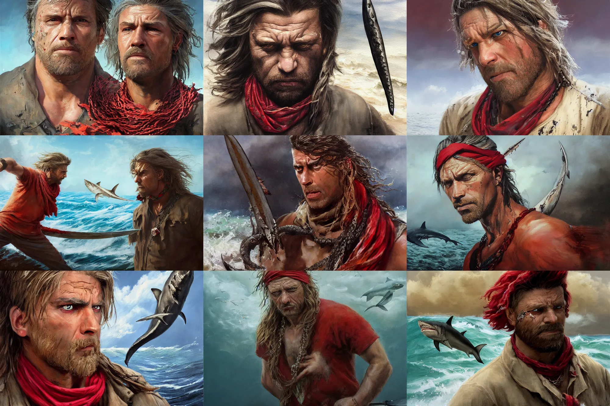 Prompt: a mixed media portrait painting of an angry man who fights sharks with a knife, ultra realistic, highly detailed, long wavy blonde hair, red bandana, topaz necklace, by frank frazetta, greg rutkowski, christian macnevin, wlop, krenz cushart, epic fantasy character art, volumetric lighting, cgsociety, exquisite detail, masterpiece, cinematic