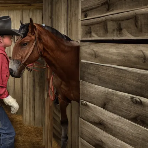 Prompt: cowboy-feeding-toilets-in-stables, 4K, high-detail, photorealistic