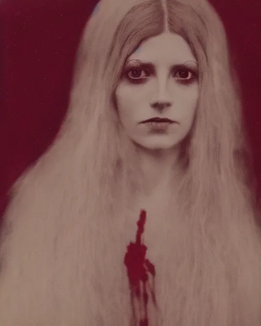 Image similar to an instant photo of a beautiful but sinister woman in layers of fear, with haunted eyes and matted blonde hair, 1 9 7 0 s, seventies, delicate embellishments, a little blood, crimson, painterly, offset printing technique, mary jane ansell