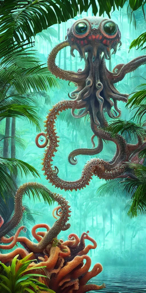 Image similar to of a tropical rainforest lake with strange cute friendly happy creatures with huge eyes, mouth, long tongue, round teeth and tentacles appearing from sandy coral, in the style of gehry and gaudi, macro lens, shallow depth of field, ultra detailed, digital painting, trending artstation, concept art, illustration, cinematic lighting, photorealism, epic, octane render