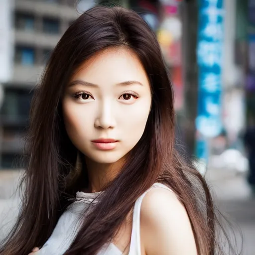 Prompt: beautiful asian female model on streets of tokyo, detailed face, posing in futuristic fashion, wide shot