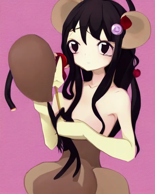 Image similar to A cute wakfu-style frontal painting of a very very beautiful anime skinny mousegirl with long wavy brown colored hair and small mouse ears on top of her head wearing a cute black dress and black shoes looking at the viewer, elegant, delicate, feminine, soft lines, higly detailed, smooth , pixiv art, ArtStation, artgem, art by alphonse mucha Gil Elvgren and Greg rutkowski, high quality, digital illustration, concept art, very long shot, game character