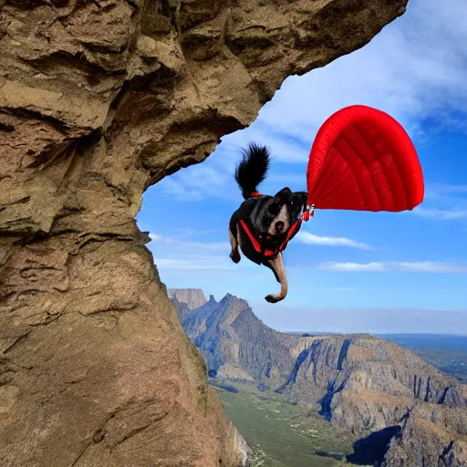 Image similar to a hairy dog jumping from a cliff with a parachute