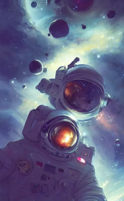 Prompt: a beautiful artwork illustration, astronaut hovering in space galactic nebula, by greg rutkowski and jesper ejsing and raymond swanland, featured on artstation, wide angle, vertical orientation