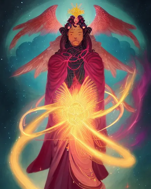 Prompt: a character portrait of only one male angel of justice with golden fiery wings, surrounded with spiriling sparkling rose crystals and galaxies, by peter mohrbacher, hyper light drifter, jim burns, greg rutkowski, in ukiyo - e style trending on artstation