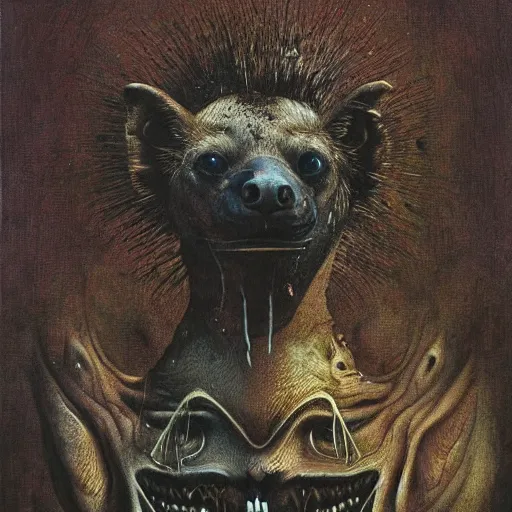 Prompt: horrific grotesque hyena and calculator hybrid, beksinski style painting, highly detailed