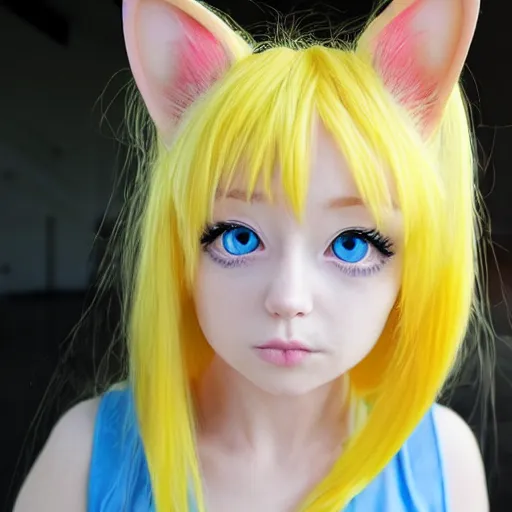 Image similar to anime little cat girl with yellow hair and blue eyes