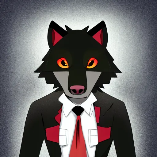 Prompt: key anime visual professional art of a close shot of an anthropomorphic black male wolf anthro furry fursona, wearing a business suit, handsome male eyes, anime office background, official anime still