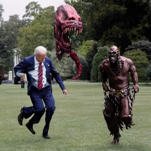 Prompt: joe biden is being chased by a monster from predator on the white house lawn