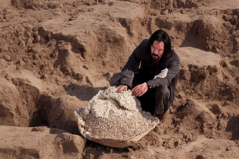 Image similar to film still of keanu reeves wearing an archaeological outfit sifting material at an ancient egyptian archaeological digsite