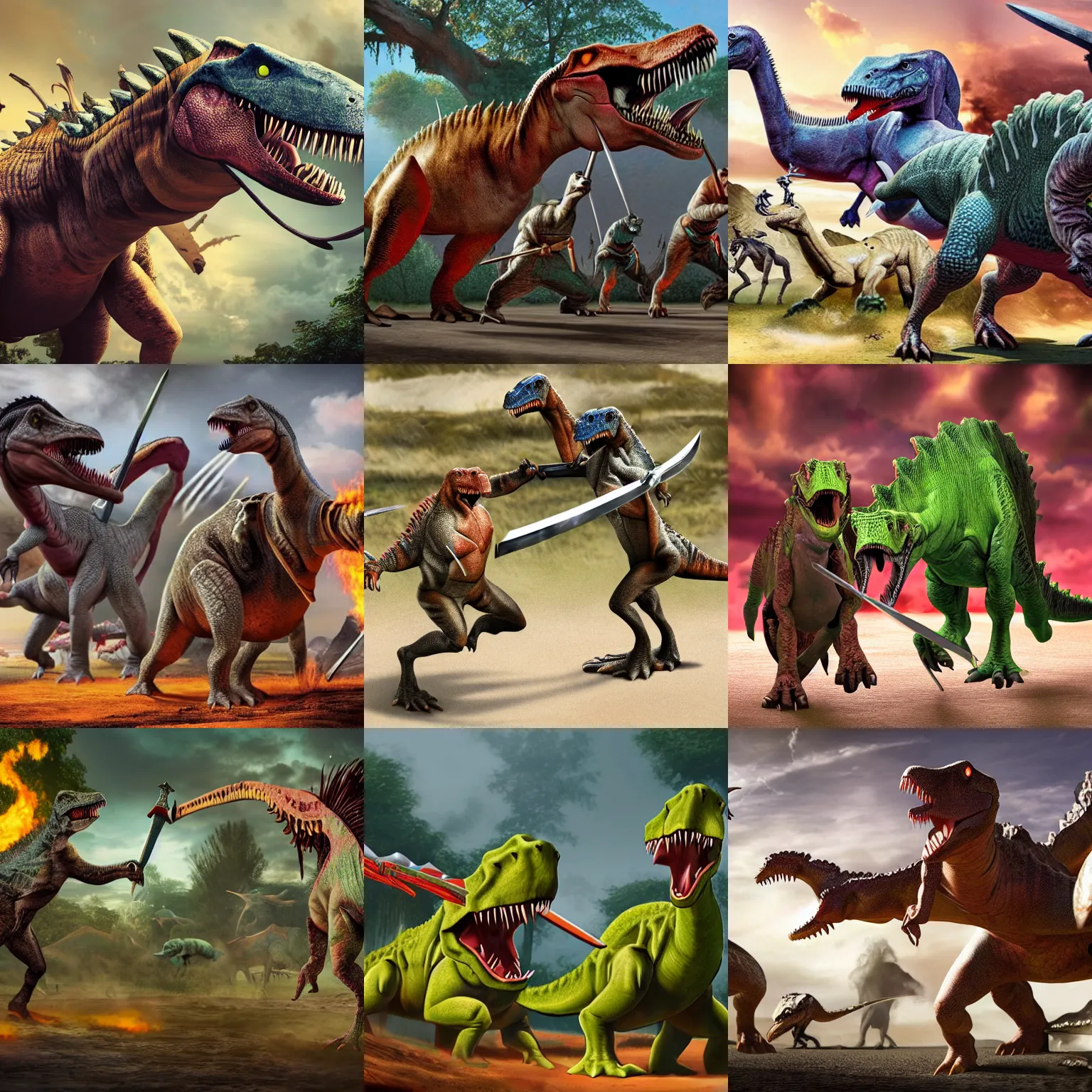 Prompt: <photo attention-grabbing hd>Dinosaurs wielding swords</photo>