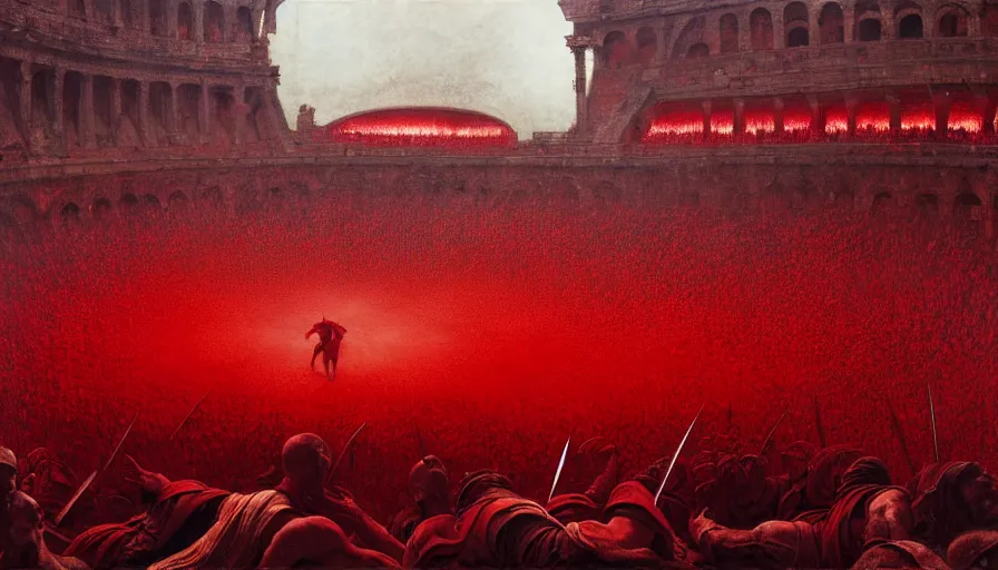 Image similar to only with red, bloody gladiator battle in a crowded roman amphitheatre, crowd cheering, in the style of beksinski and edward hopper and rodcenko and yue minjun and greg rutkowski, intricate and epic composition, red by caravaggio, highly detailed, masterpiece, red light, artstation, art nouveau