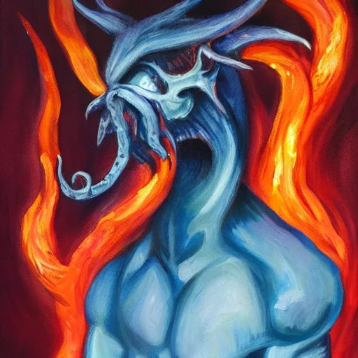 Image similar to fire demon eat human, oil painting