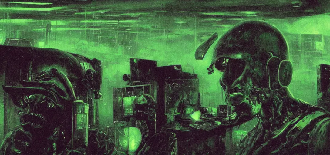 Prompt: a close - up view portrait of a beat producer, brutalist dock halls with green alien fog, close - up view, detailed textures. glowing green purple fog, dark black background., highly detailed fantasy science fiction painting by moebius, norman rockwell, frank frazetta, and syd mead. rich colors, high contrast