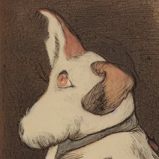 Image similar to closeup candid portrait of jack russel thinking, resting head on paw, illustrated by peggy fortnum and beatrix potter and sir john tenniel