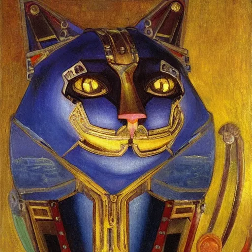 Prompt: masterpiece painting of an ornate bejeweled robot cat head, by annie swynnerton and diego rivera and nicholas roerich and jean delville, symbolist, dramatic lighting, god rays, elaborate geometric ornament, art brut, rich colors, smooth, sharp focus, extremely detailed, adolf wolfli and ( donato giancola )