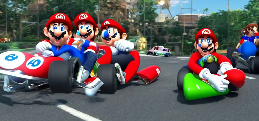 Image similar to nicholas cage in a mario kart, movie still, from the new fast and furious movie, hd, 8 k