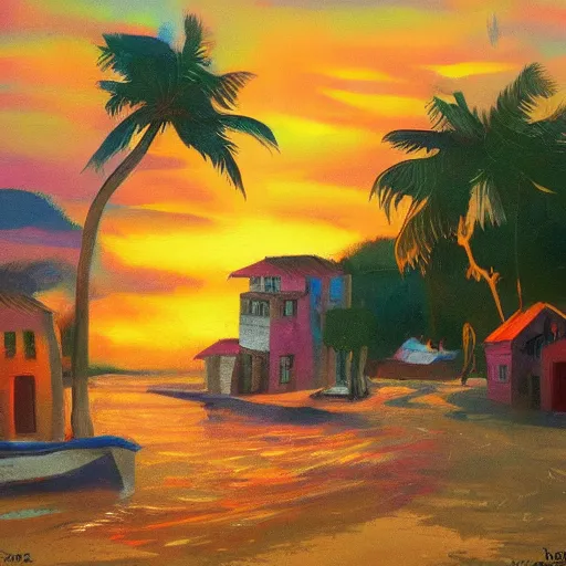 Prompt: sunset on a village by the sea, colorful, trending on artstation