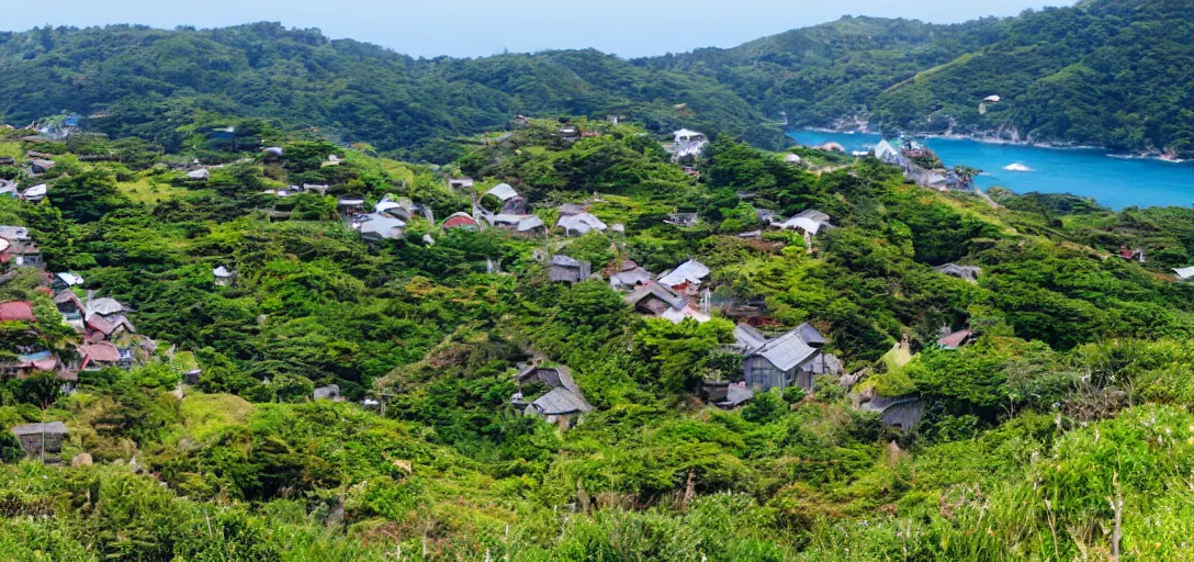 Image similar to studio ghibli hilly countryside and ocean