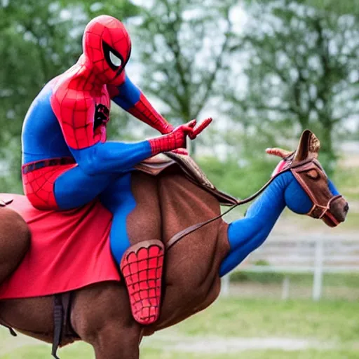 Image similar to spiderman riding a horse