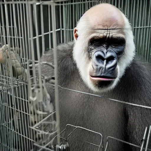 Prompt: bald white man dressed in a gorilla suit in a cage