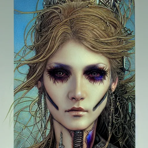 Image similar to an award finning closeup facial portrait by alan lee, luis royo and john howe of a bohemian female cyberpunk traveller clothed in excessively fashionable 8 0 s haute couture fashion and wearing ornate art nouveau body paint