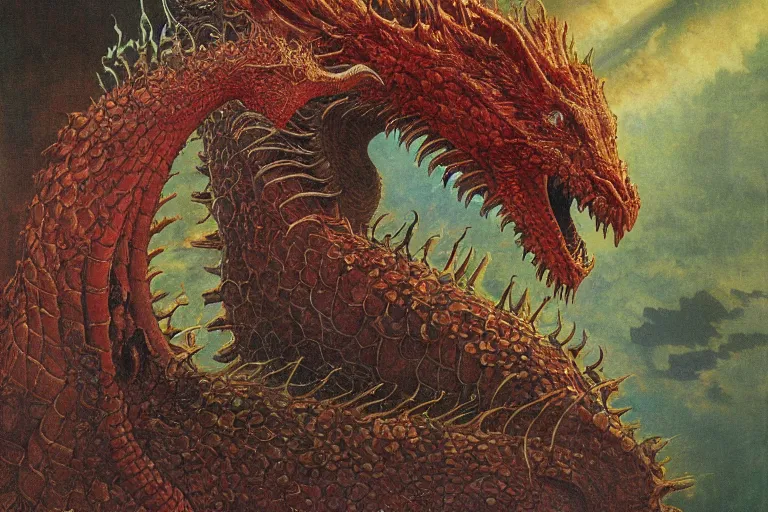 Prompt: oil painting, super - detailed scene of two headed dragon where one head is donald trump and the other is vladimir putin, japanese sci - fi books art, artwork by jean giraud and zdzislaw beksinski and alphonse mucha and hr giger, hd, 4 k, high quality