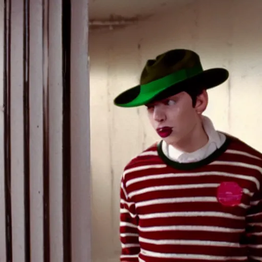 Image similar to a sloth dressed in a red and green striped jumper and fedora lurking in the shadows behind a scared teenager, film still