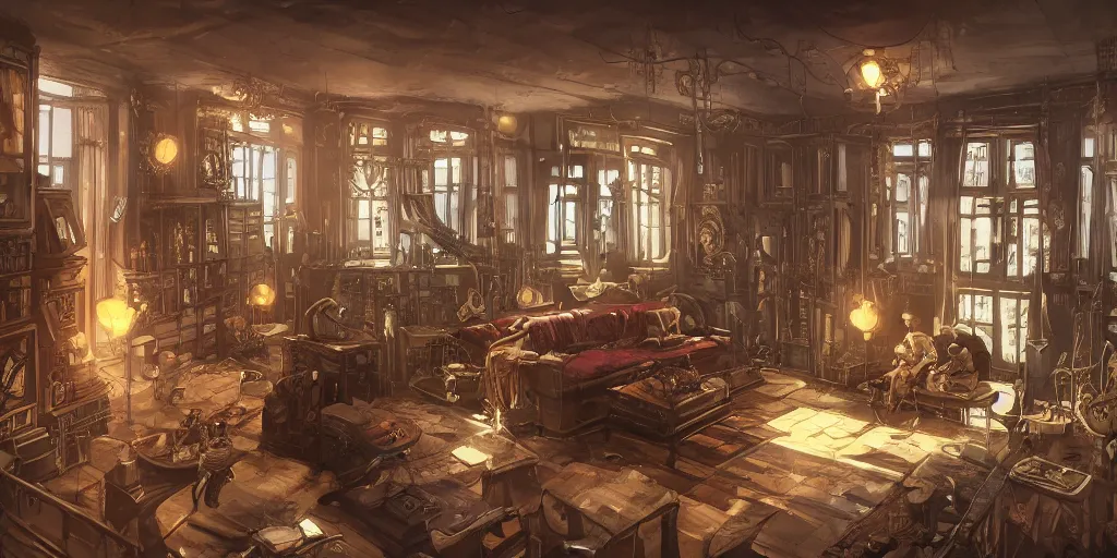 Prompt: steampunk apartment interior overview mapa design, Moebius, Greg Rutkowski, Zabrocki, Karlkka, Jayison Devadas, Phuoc Quan, trending on Artstation, 8K, ultra wide angle, pincushion lens effect.