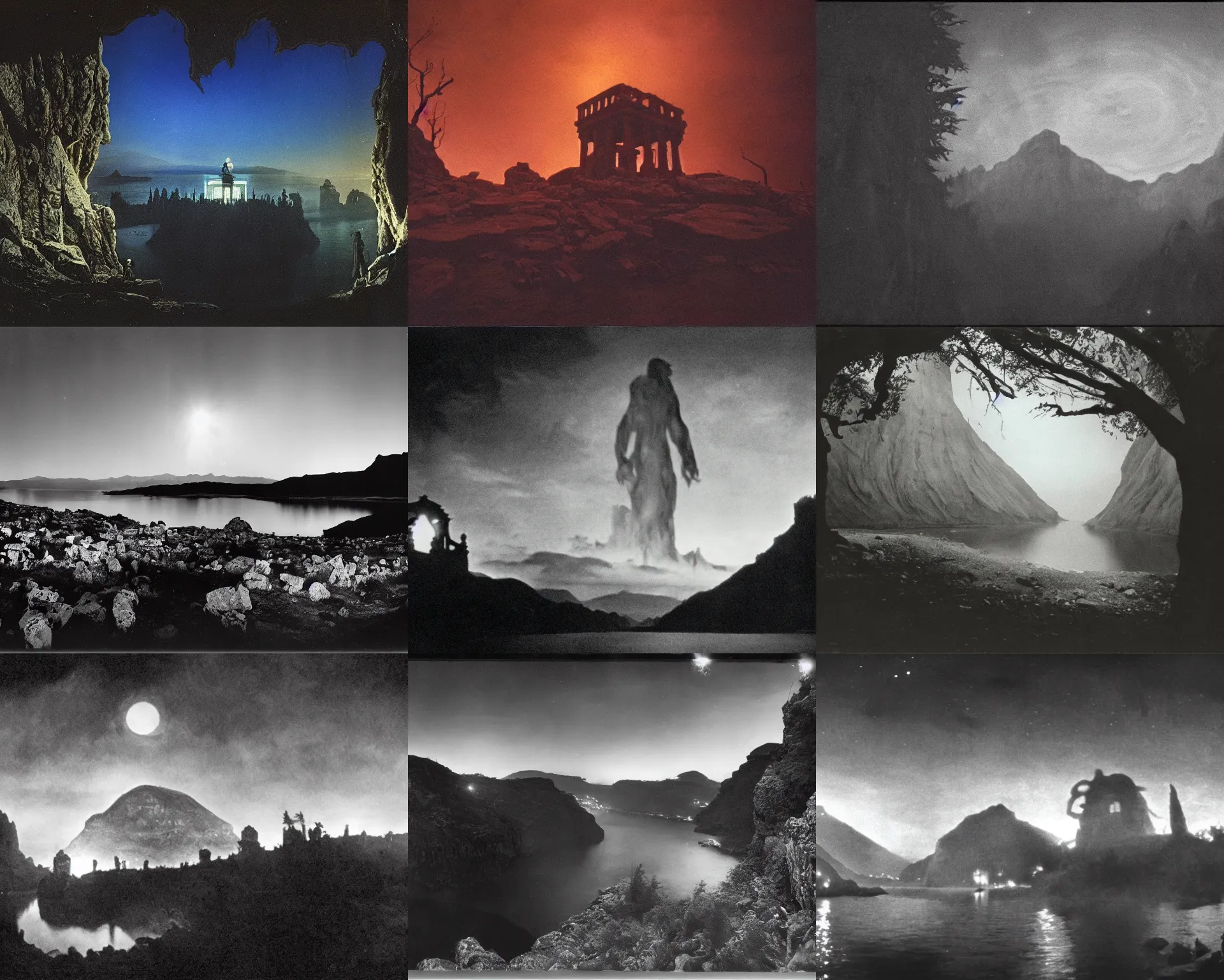 Prompt: dark eerie movie frame, greek fantasy panorama, a magnificent giant ghost above the magic shining river styx, at night, otherworldly, stanley kubrick, 1 7 mm, wide shot, surreal, deep
