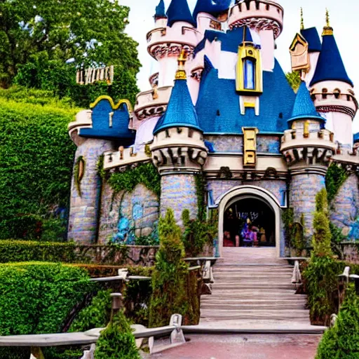 Image similar to overgrown disneyland castle that has been unkept for thousands of years, trending on unsplash, 4 k photorealism, 4 k quality, intricately defined, complexly detailed