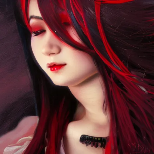 Image similar to a beautiful portrait of hatsune miku with long black and deep red colored hair dressed as a 1 9 7 0 s gogo dancer, intricate, elegant, highly detailed, digital painting, artstation, concept art, matte, sharp focus, illustration, art by greg rutkowski and alphonse mucha