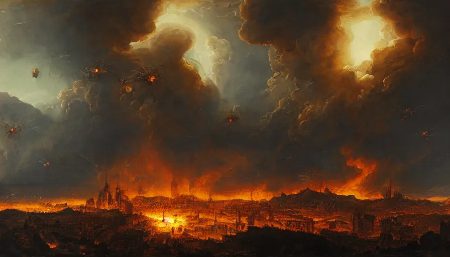 Prompt: 1 6 8 7's baroque painting of alien invasion on earth, destruction, fire and ashes, smoke columns, destroyed cities, day or night, hyperdetailed, artstation, cgsociety, 8 k