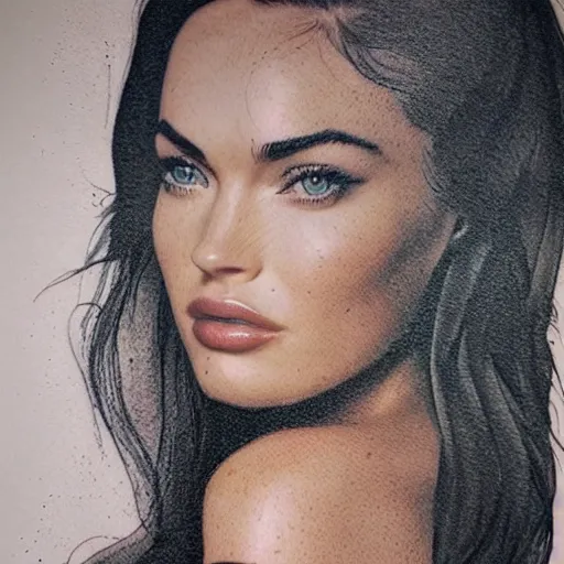 Image similar to megan fox as beautiful mountains, double exposure effect, medium sized tattoo sketch, amazing detail, trending on pinterest, in the style of alon avissar