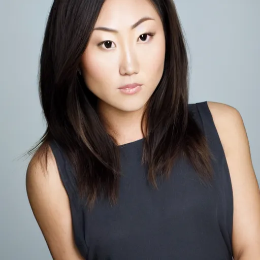 Image similar to portrait karen fukuhara bald neutral expression face straight on headshot even lighting