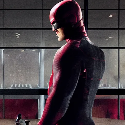 Image similar to daredevil pondering in front of a chess table, marvel movie