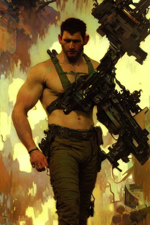 Prompt: chris redfield, attractive man, futurism, painting by gaston bussiere, craig mullins, greg rutkowski, alphonse mucha