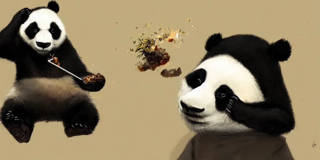 Prompt: Anthropomorphic panda smoking weed by Greg Rutkowski, Sung Choi, Mitchell Mohrhauser, trending on artstation, fine details