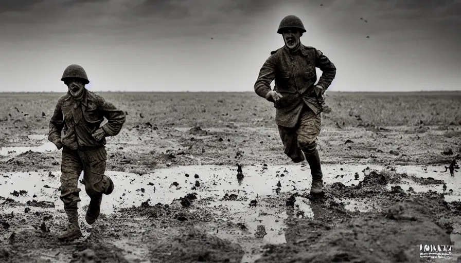 Prompt: screaming World War 1 soldier running across No Mans Land, wartorn landscape, lots of mud puddles and craters, dirty lens, cinematic lighting, IMAX cinematography, 35mm