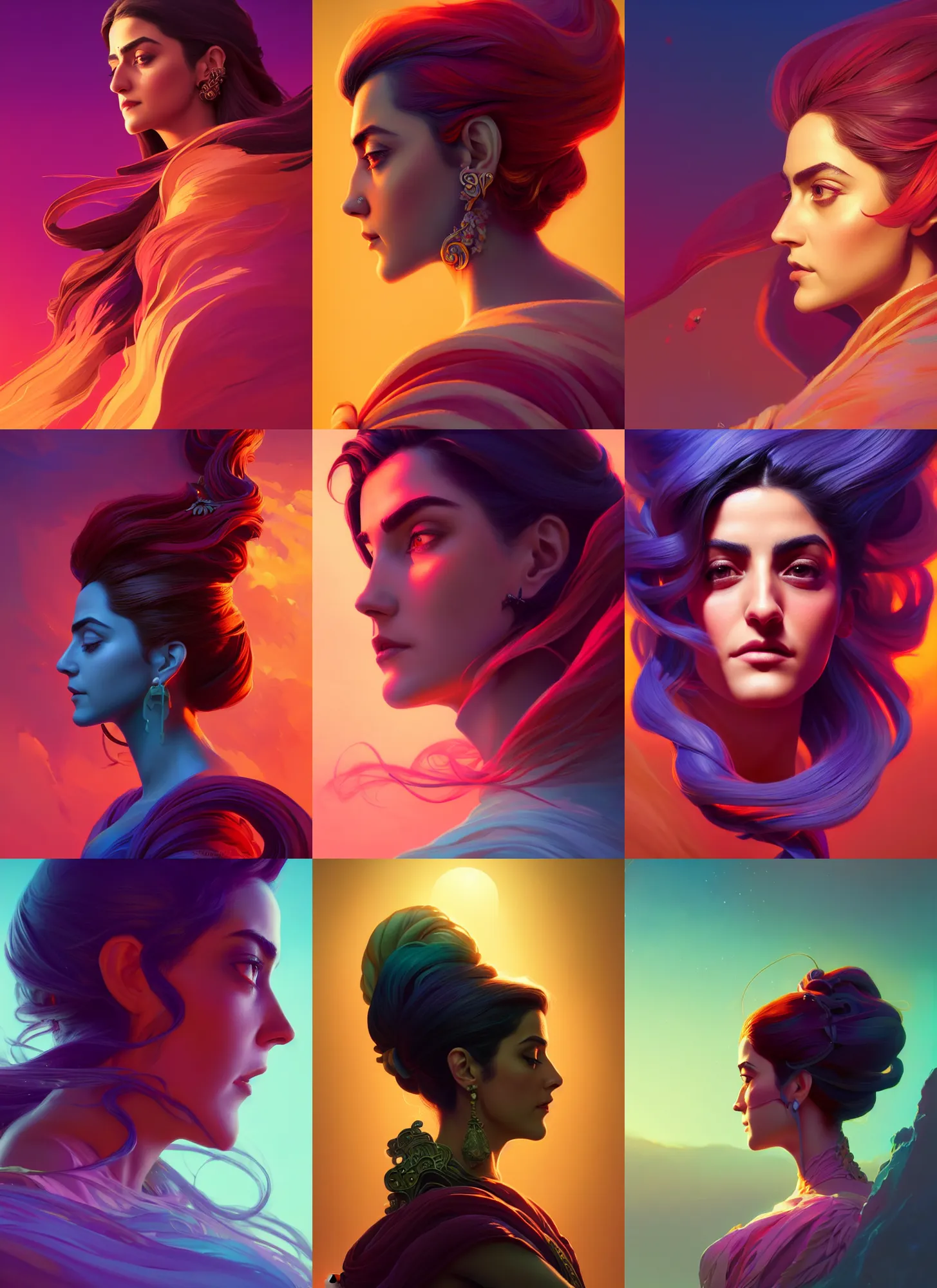 Prompt: side profile centered painted portrait, maya ali, wind wizard, d & d, gloomhaven, matte painting concept art, art nouveau, beautifully backlit, swirly vibrant color lines, fantastically gaudy, aesthetic octane render, 8 k hd resolution, by ilya kuvshinov and cushart krentz and gilleard james