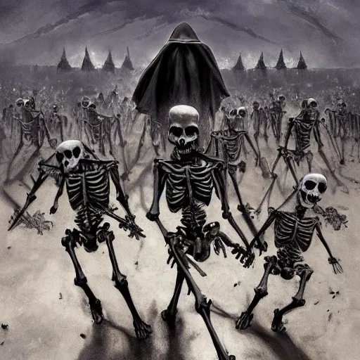 Image similar to a grim reaper, with a skeleton army, surrounded by magic, hd, by stefan koidl