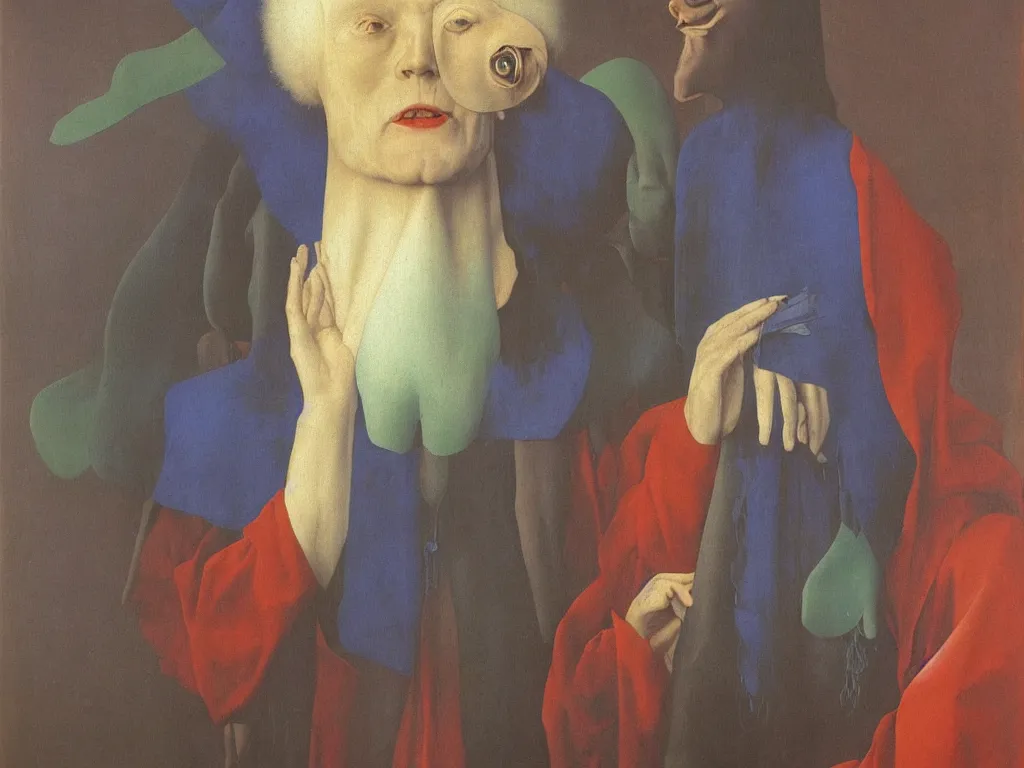 Image similar to Portrait of albino mystic with blue eyes, with tears of joy. Painting by Jan van Eyck, Audubon, Rene Magritte, Agnes Pelton, Max Ernst, Walton Ford