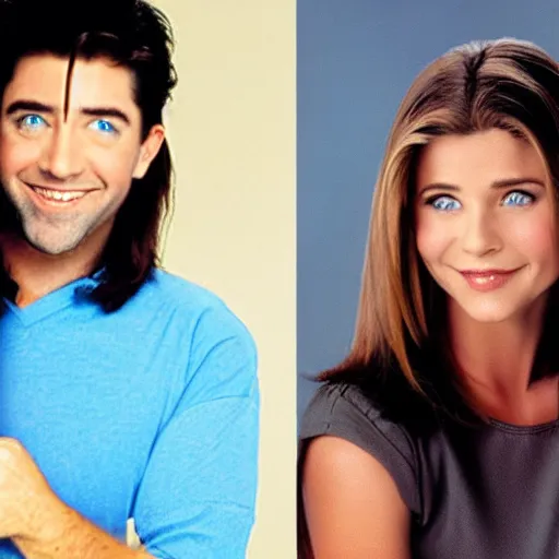 Image similar to ross and rachel from friends tv show, blended together as one person