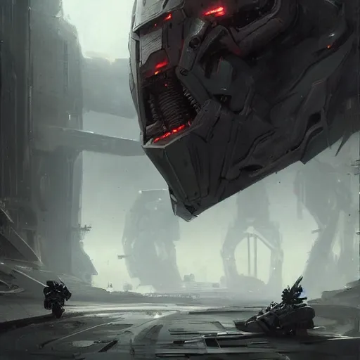 Image similar to concept art by greg rutkowski, a fifteen meter mecha in the shape of an armored hoplite, in a futuristic and brutalist environment, epic, uncanny atmosphere, low light, scary atmosphere, scifi, highly detailed portrait, digital painting, artstation, concept art, smooth, sharp foccus ilustration, artstation hq