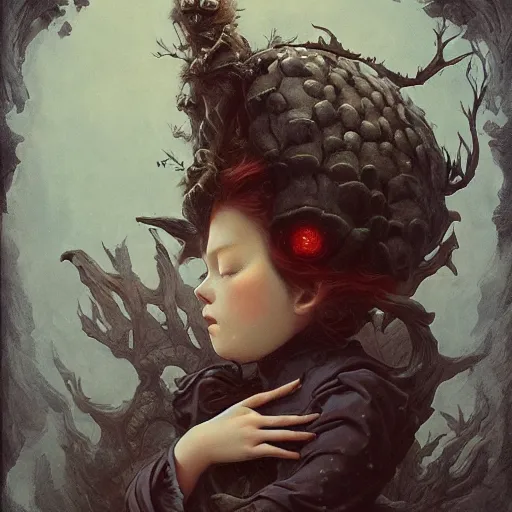 Image similar to a victorian monster standing over a sleeping child, illustrated by miyazaki by karol bak, james jean, tom bagshaw, rococo, sharp focus, trending on artstation, cinematic lighting