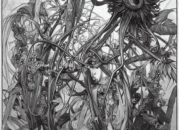 Prompt: creepy sunflower mutant vine plant with a portal to space in its mouth in a jungle, giovanni battista piranesi, moebius, alphonse mucha, ultra - detailed, yoshitaka amano