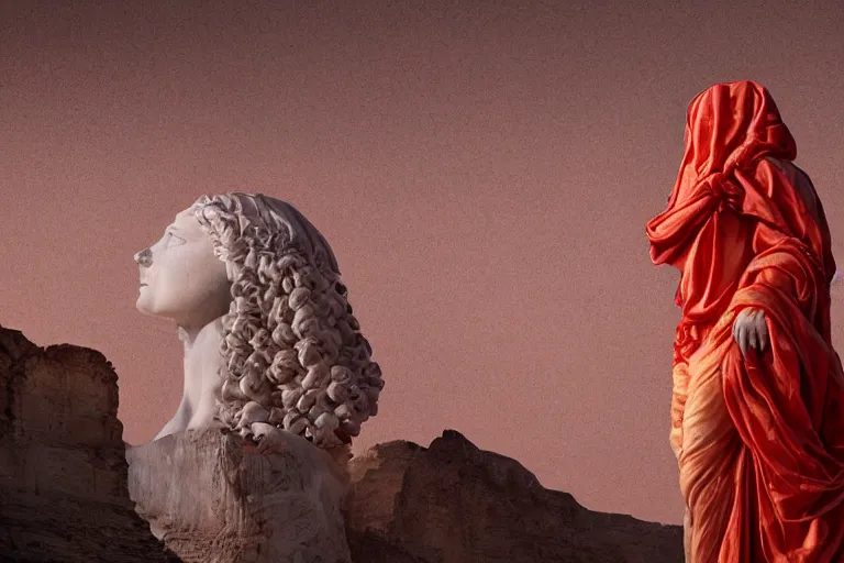 Image similar to a cinematic view of a ornated holy marble sphinx statue using an old red silk veil made by hedi xandt, chris haas and bernini, realistic, macabre art, detailed image, photorealistic, volummetric light