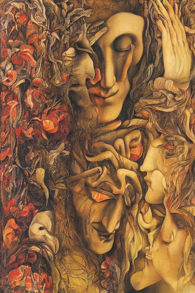 Image similar to extreme closeup floral portrait of a single man and woman by wojciech siudmak and ernst fuchs, oil on canvas