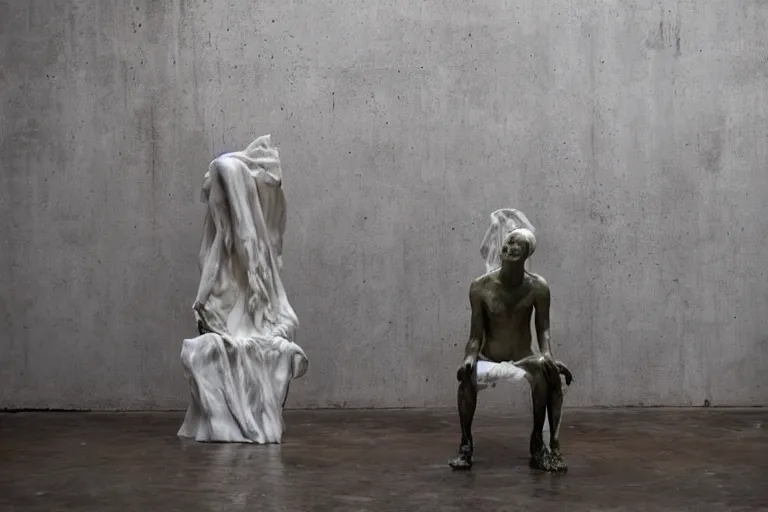 Image similar to a sculpture of a person sitting on a chair, a white marble sculpture covered with floating wax by nicola samori, behance, neo - expressionism, marble sculpture, apocalypse art, made of mist